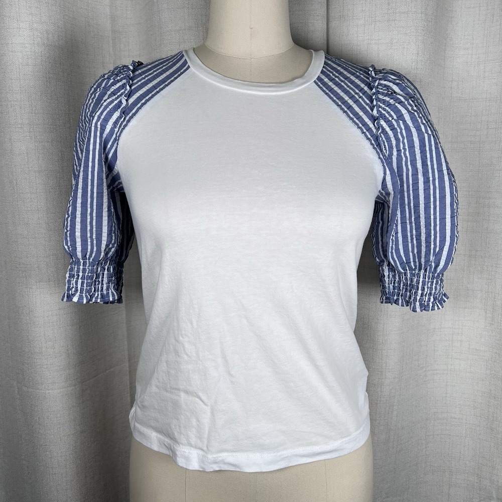 Veronica Beard Marcia Tshirt Blue White Puff Seersucker Ruched Sleeves Womens XS